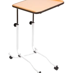 Height-adjustable overbed table with wheels and tilting mechanism.