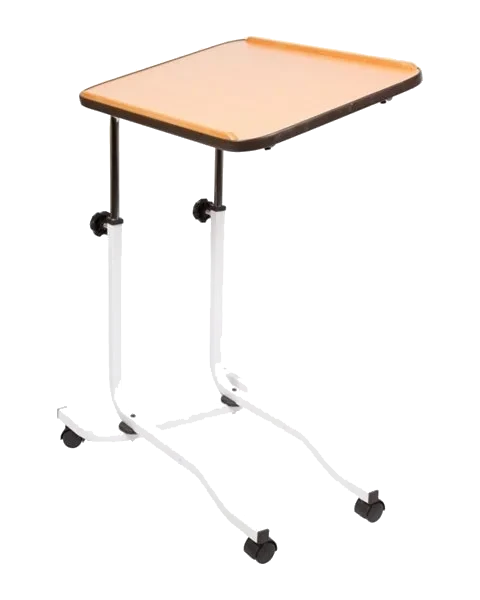 Height-adjustable overbed table with wheels and tilting mechanism.