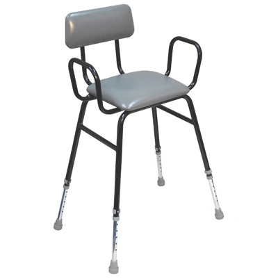 Black frame perching chair with grey seat and backrest.