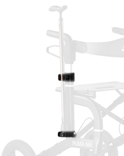 Cane holder attached to a Mobilex Puma Air Rollator.