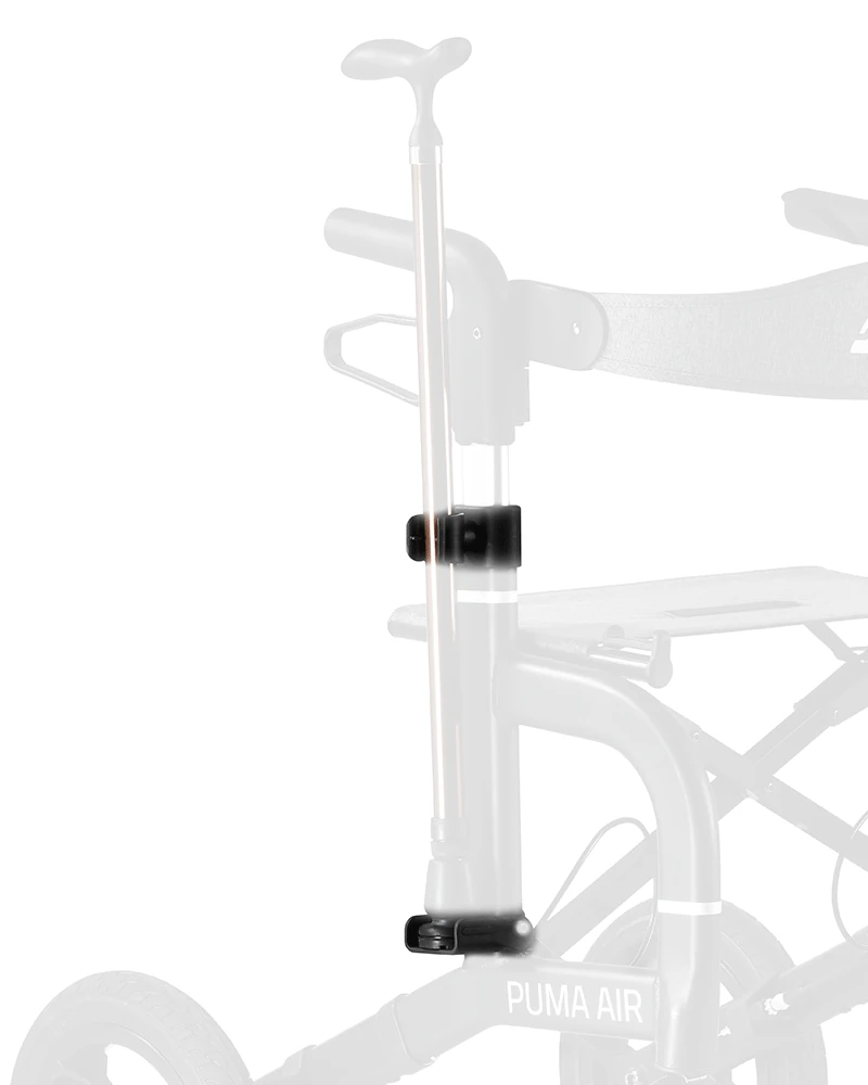 Cane holder attached to a Mobilex Puma Air Rollator.