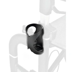 Black cup holder attached to a rollator frame.