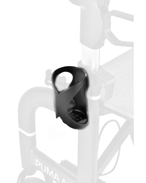 Black cup holder attached to a rollator frame.
