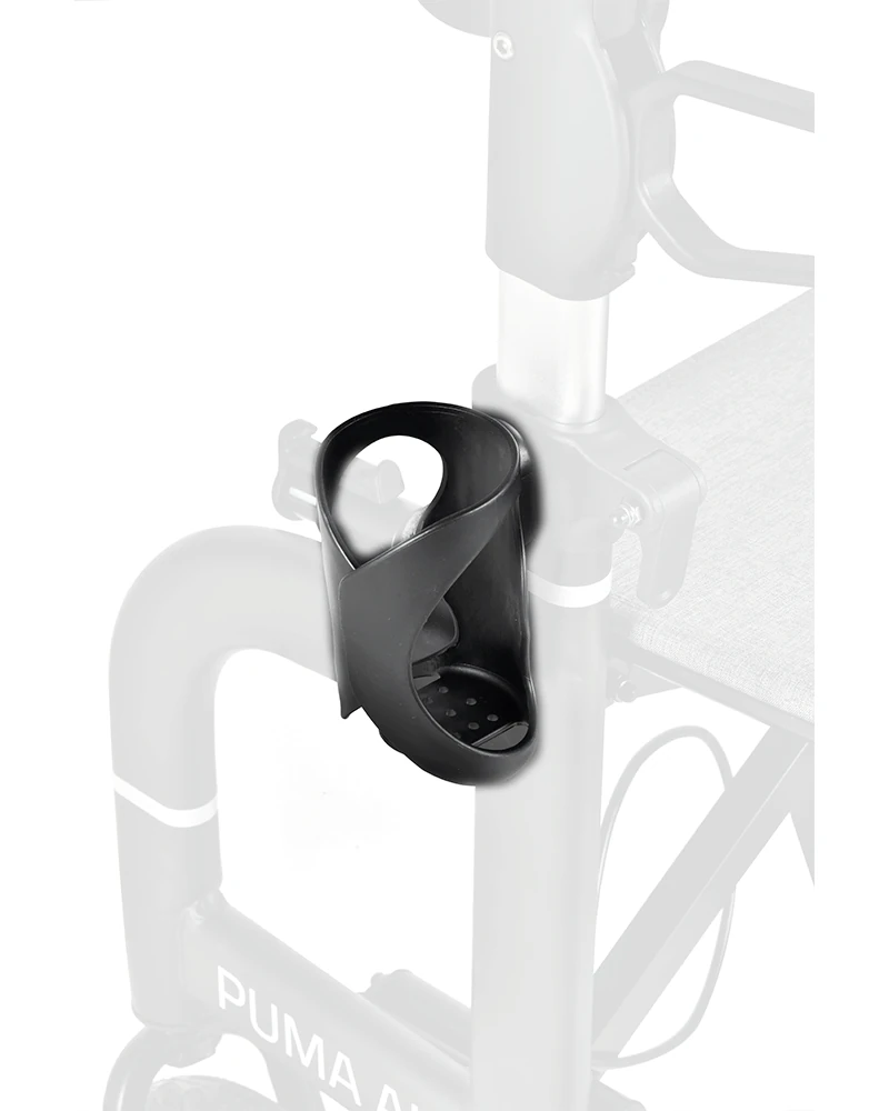 Black cup holder attached to a rollator frame.