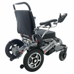 Rear view of Ergofold Elite Folding Electric Wheelchair with joystick and padded seat.