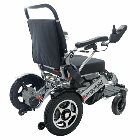 Rear view of Ergofold Elite Folding Electric Wheelchair with joystick and padded seat.