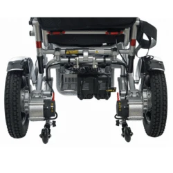 Rear view of the Ergofold Elite Folding Electric Wheelchair showing dual motors and tires.