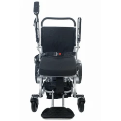 Front view of a black folding electric wheelchair with armrests and footrest.