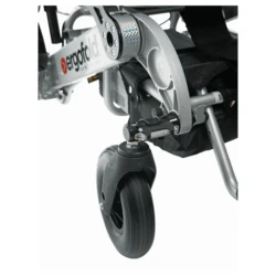 Close-up of Ergofold Elite wheelchair front wheel and frame.