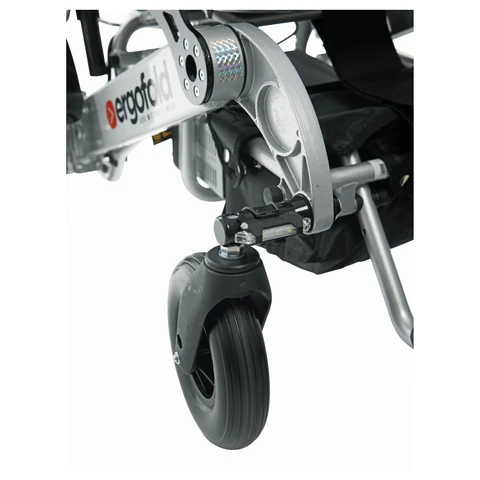 Close-up of Ergofold Elite wheelchair front wheel and frame.