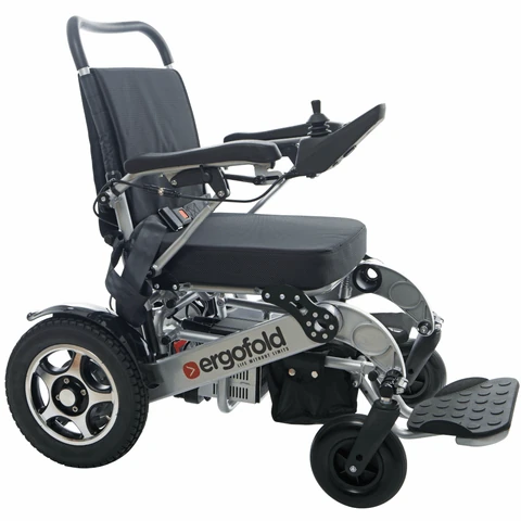 Side view of a black and silver folding electric wheelchair.