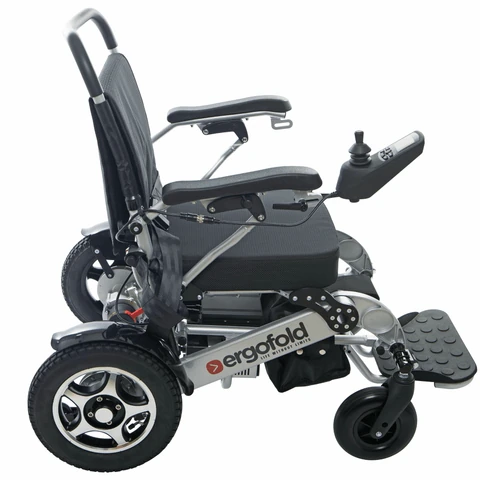 Side view of Ergofold Elite Folding Electric Wheelchair with joystick control.
