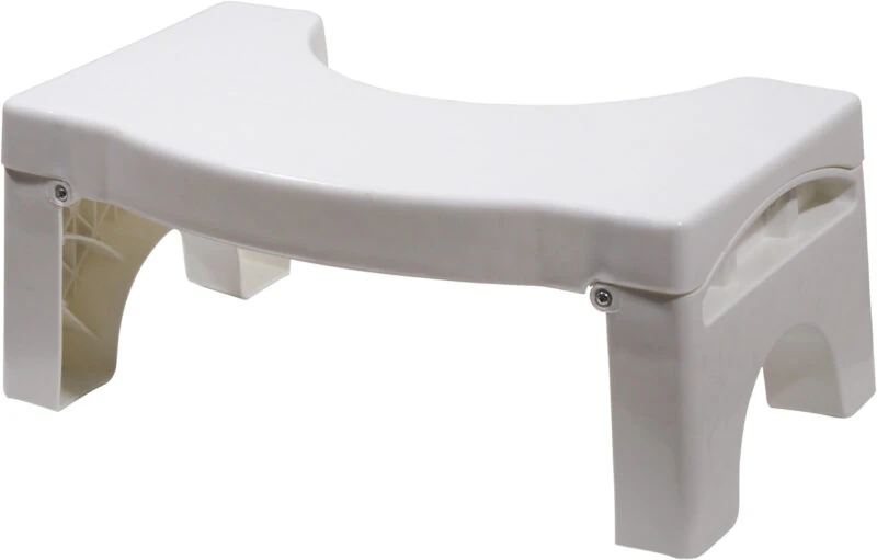 White folding toilet squat stool with curved design.