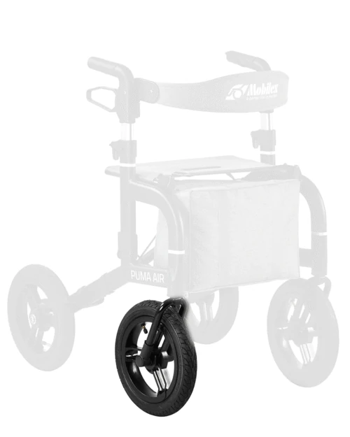 Front wheel with fork for Mobilex Puma Air Rollator Walker.