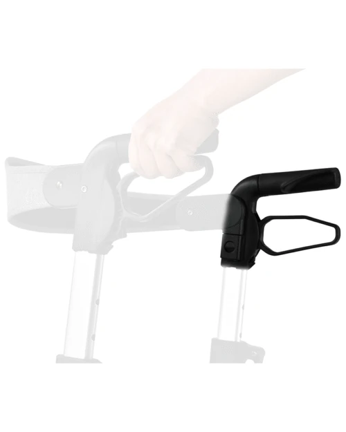Close-up of a hand gripping a rollator handle.