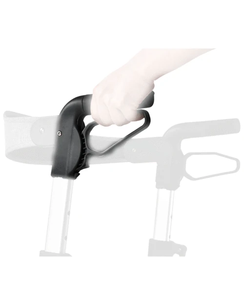 Hand gripping the handle of a Mobilex Puma Air Rollator.