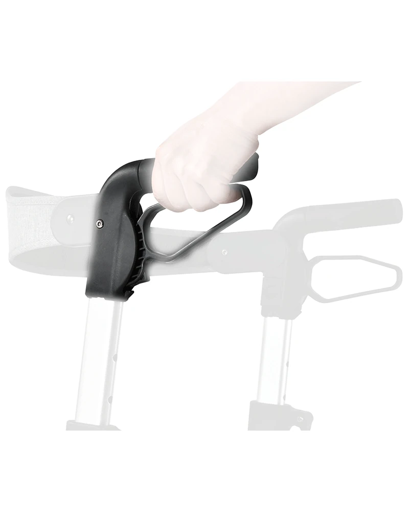 Hand gripping the handle of a Mobilex Puma Air Rollator.