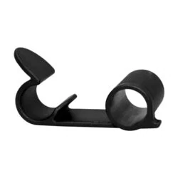 Black cane holder accessory for rollator walker.