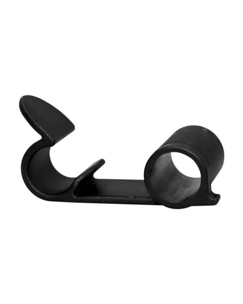 Black cane holder accessory for rollator walker.