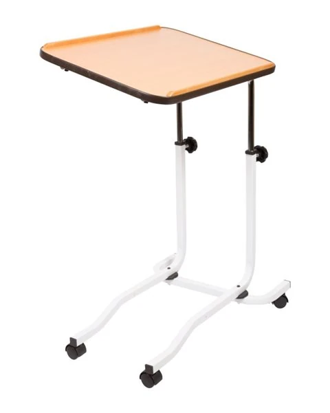 Height-adjustable overbed table with a wooden surface and wheeled base.