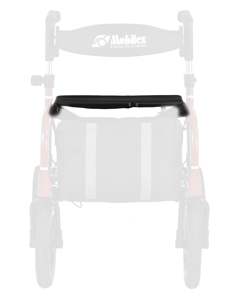 Mobilex rollator with attached bag accessory.