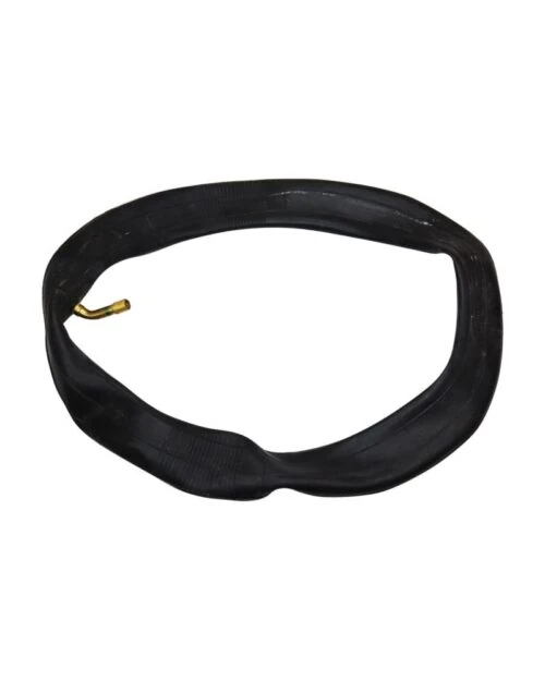 Black inner tube with a brass valve for rollator wheel.