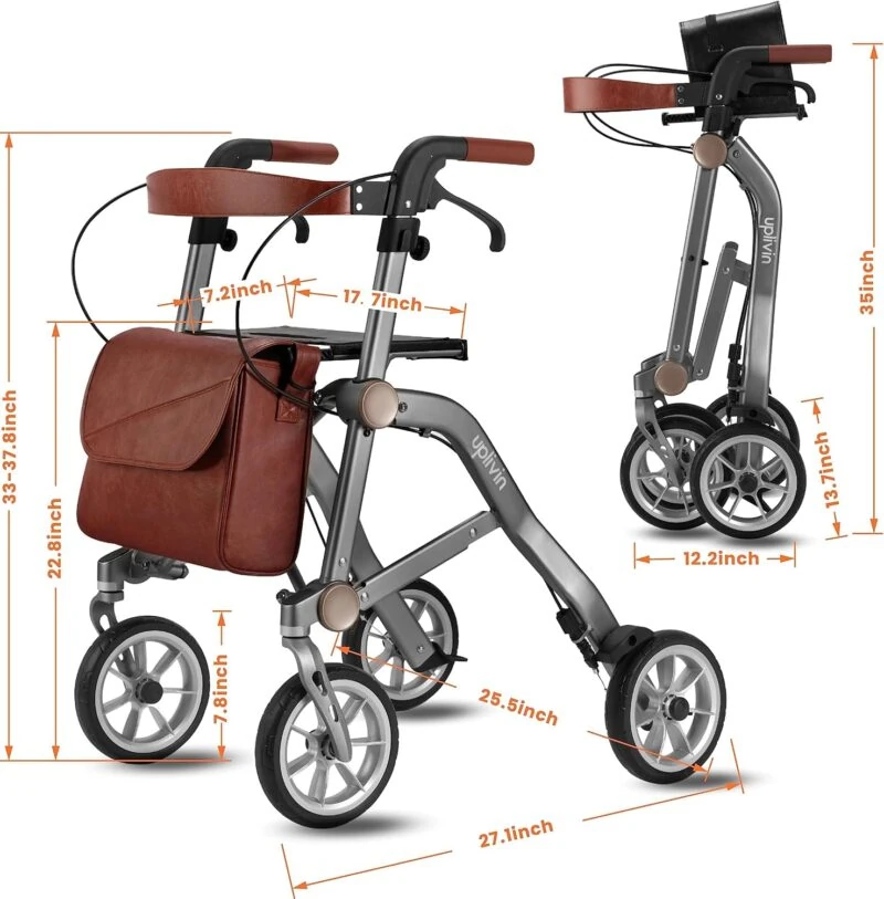 Lightweight Folding 4 Wheeled Walker with Seat | Uplivin Trive Rollator with Oxidized Finish & 8" Wheels | 1 Step Double Folding - Image 24