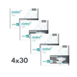 Four packs of Dailee Slip Premium Maxi Plus incontinence pads, labeled 4x30.