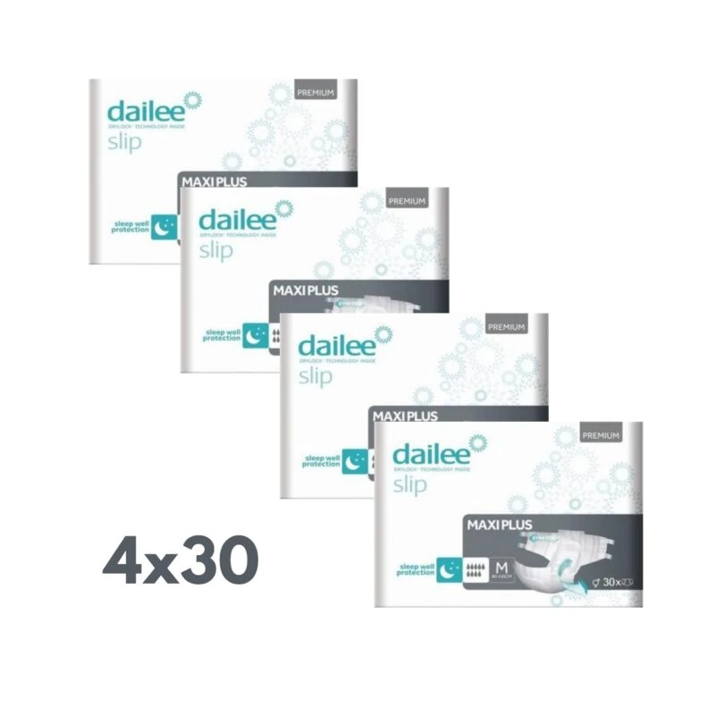 Four packs of Dailee Slip Premium Maxi Plus incontinence pads, labeled 4x30.