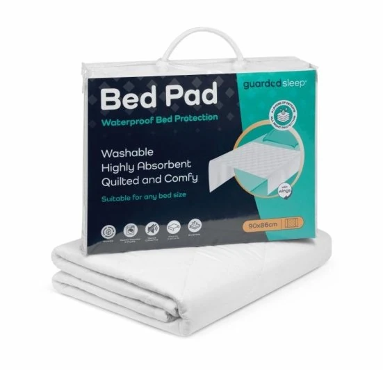 Guarded Sleep Bed Pad packaging with folded bed pad.