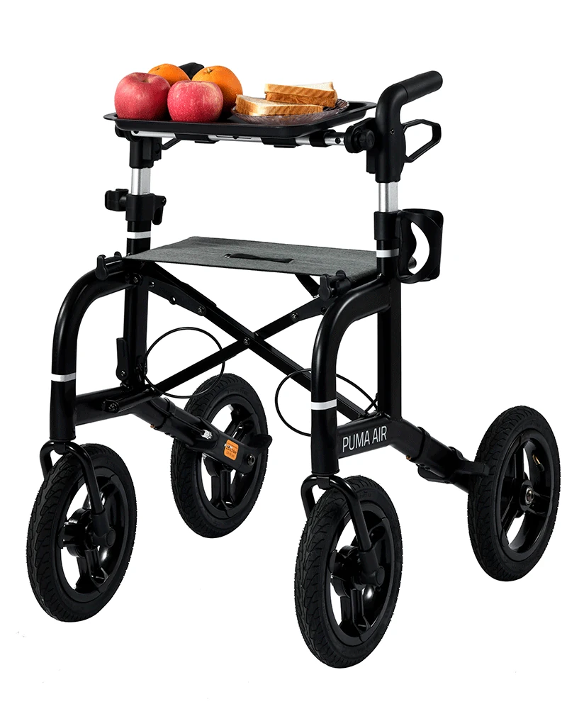 Mobilex Puma Air Rollator with a tray holding fruit and sandwiches.