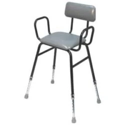 Black and grey perching chair with adjustable legs and angled seat.