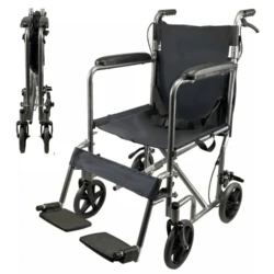 Ultra lightweight folding transit wheelchair with attendant brake, padded armrests, and adjustable footrests.