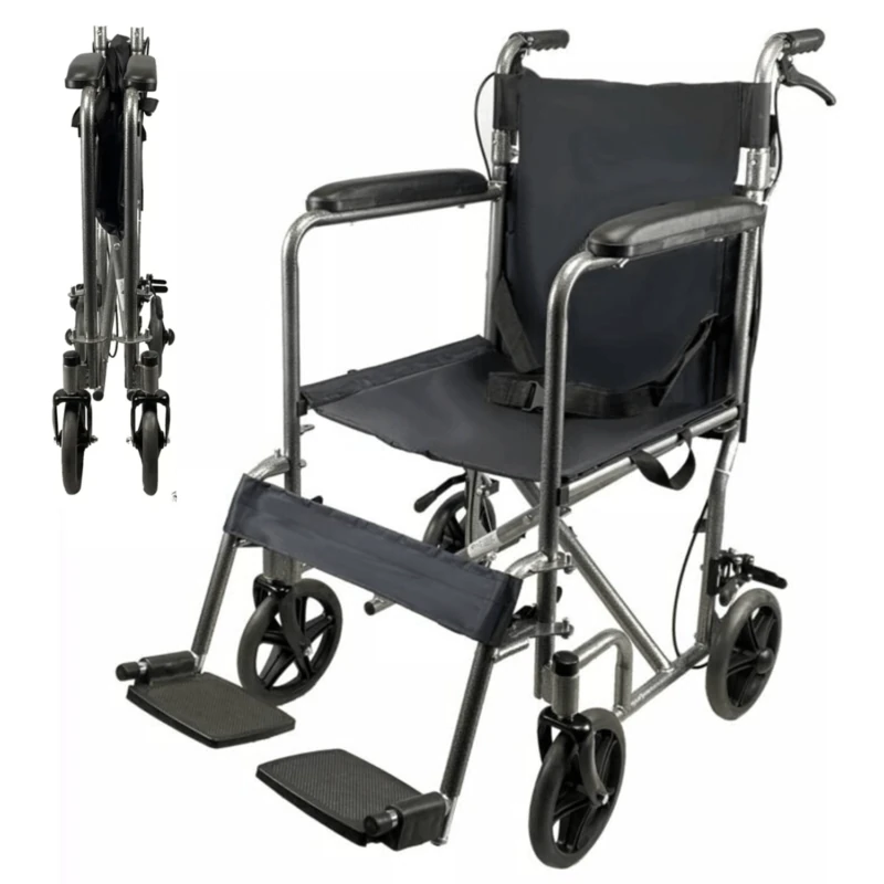 Ultra lightweight folding transit wheelchair with attendant brake, padded armrests, and adjustable footrests.