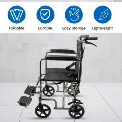 Side view of a folding transit wheelchair with attendant brake.