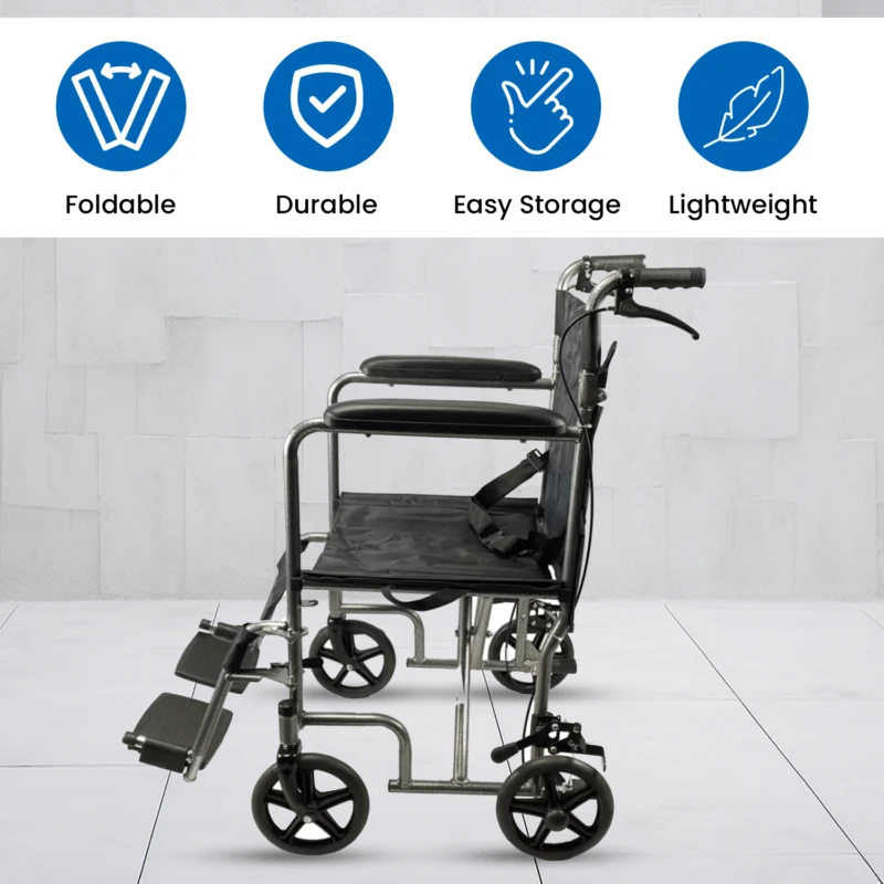 Side view of a folding transit wheelchair with attendant brake.