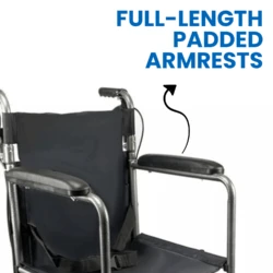 Close-up of a wheelchair showing full-length padded armrests.