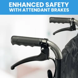 Close-up of wheelchair handles with attendant brakes.