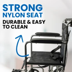 Close-up of the wheelchair's strong nylon seat with text highlighting durability.