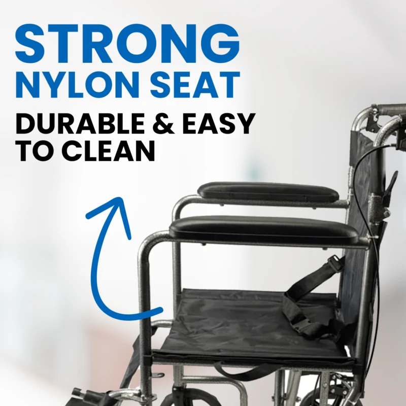 Close-up of the wheelchair's strong nylon seat with text highlighting durability.