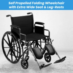 Black folding wheelchair with extra wide seat and leg rests.