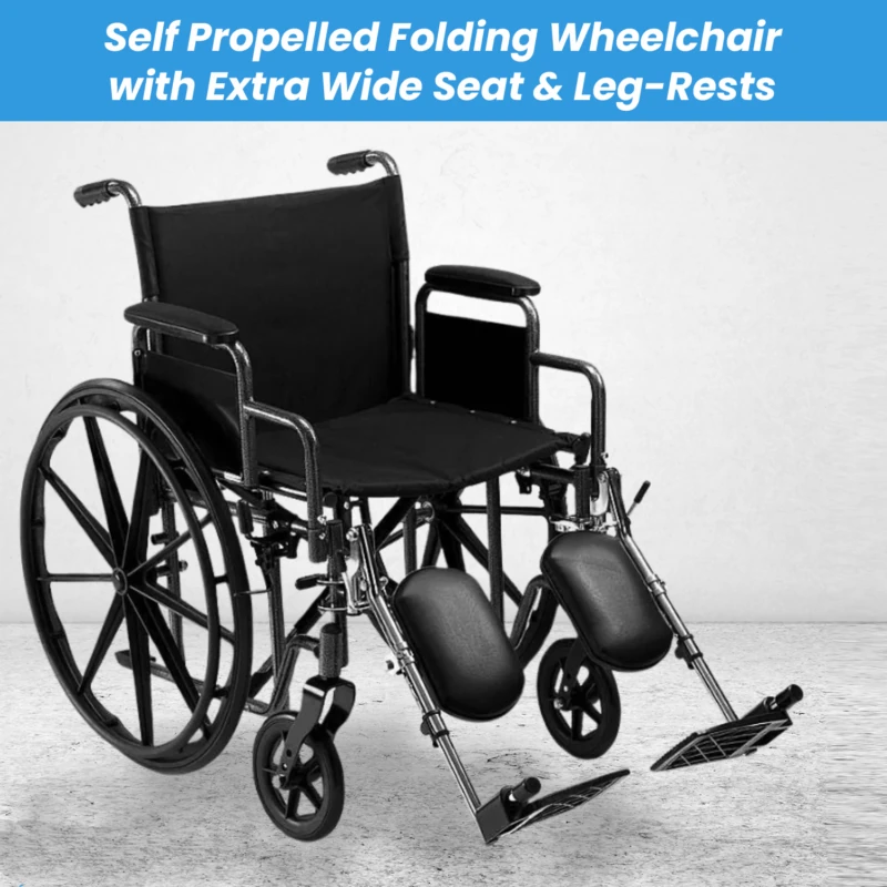 Black folding wheelchair with extra wide seat and leg rests.