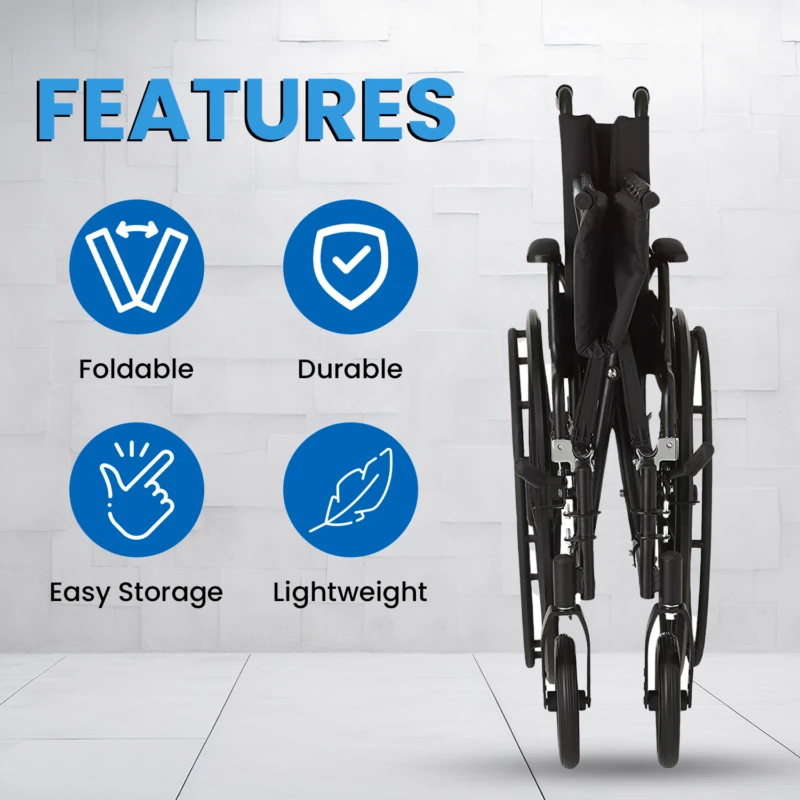 Folded wheelchair with icons showing features: foldable, durable, easy storage, lightweight.