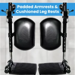 Close-up of padded armrests and cushioned leg rests for a wheelchair.