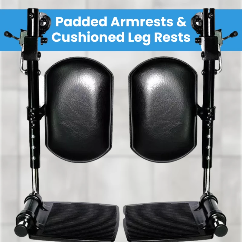 Close-up of padded armrests and cushioned leg rests for a wheelchair.