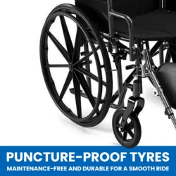 Close-up of wheelchair's puncture-proof tyres and frame.