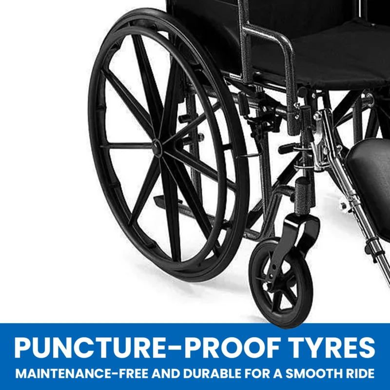 Close-up of wheelchair's puncture-proof tyres and frame.