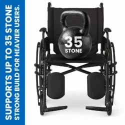 Bariatric wheelchair with a kettlebell labeled 35 stone on the seat.