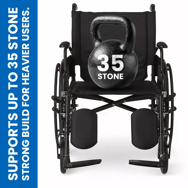 Bariatric wheelchair with a kettlebell labeled 35 stone on the seat.