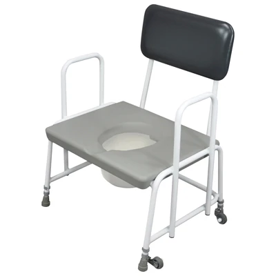 Bariatric commode with wide seat and detachable arms, supports up to 254kg, ideal for elderly needing extra stability.